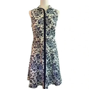CAROLINA HERRERA Sleeveless Midi Dress 12 L Mock Neck Navy Floral Motif Damask